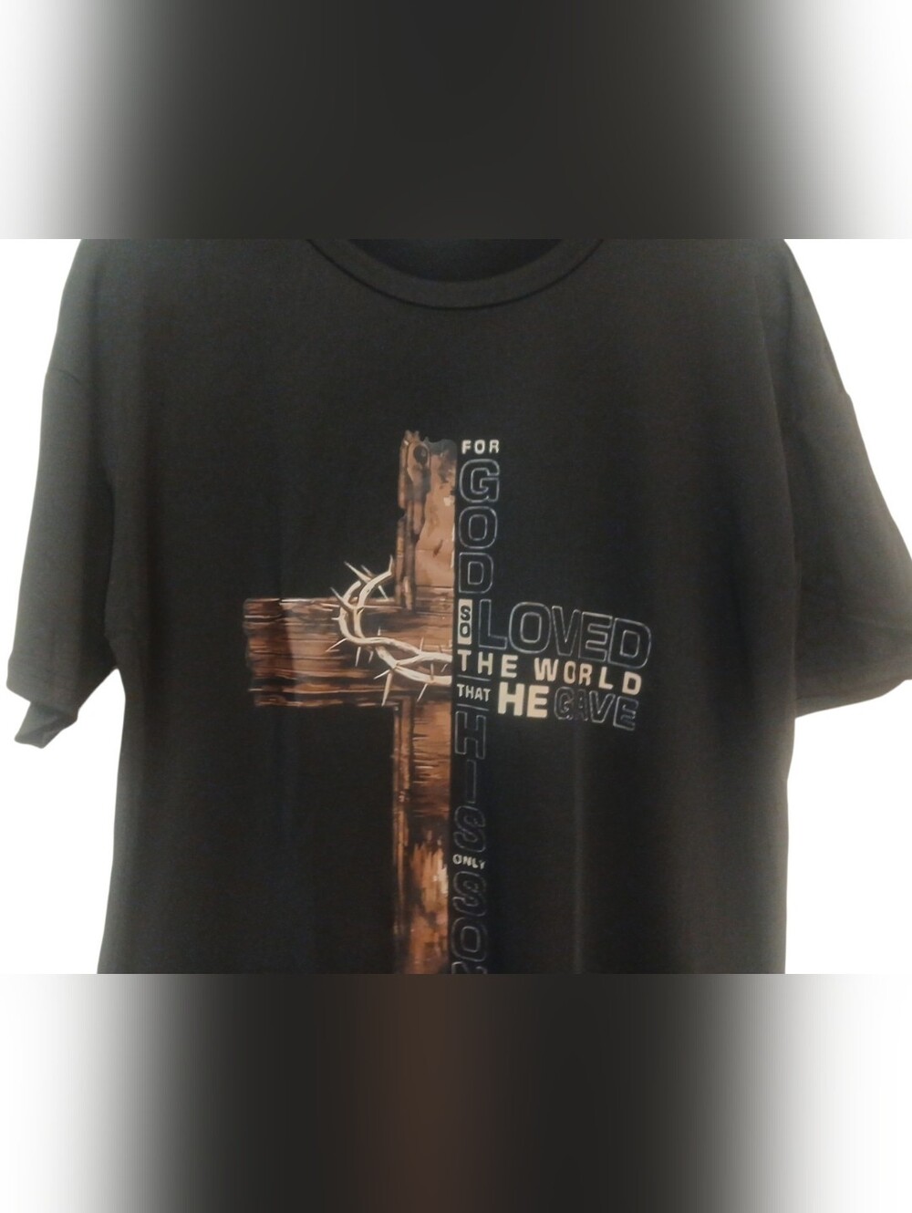 Access - NWOT, Black Short Sleeve Christian Tee Shirt, Cross,"For God So Loved" - Picture 5 of 9